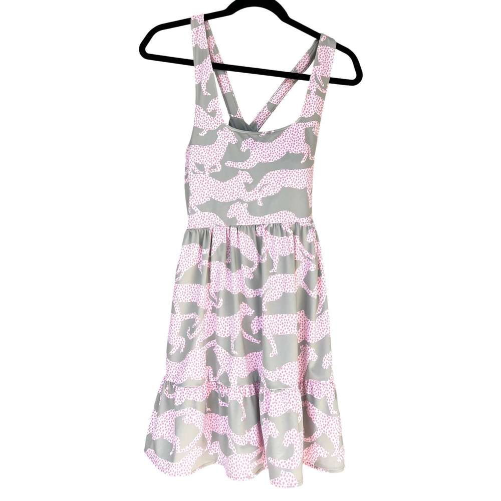 Crosby by Mollie Burch Tennis Dress small Pink Green Leopard Tiered Pickleball